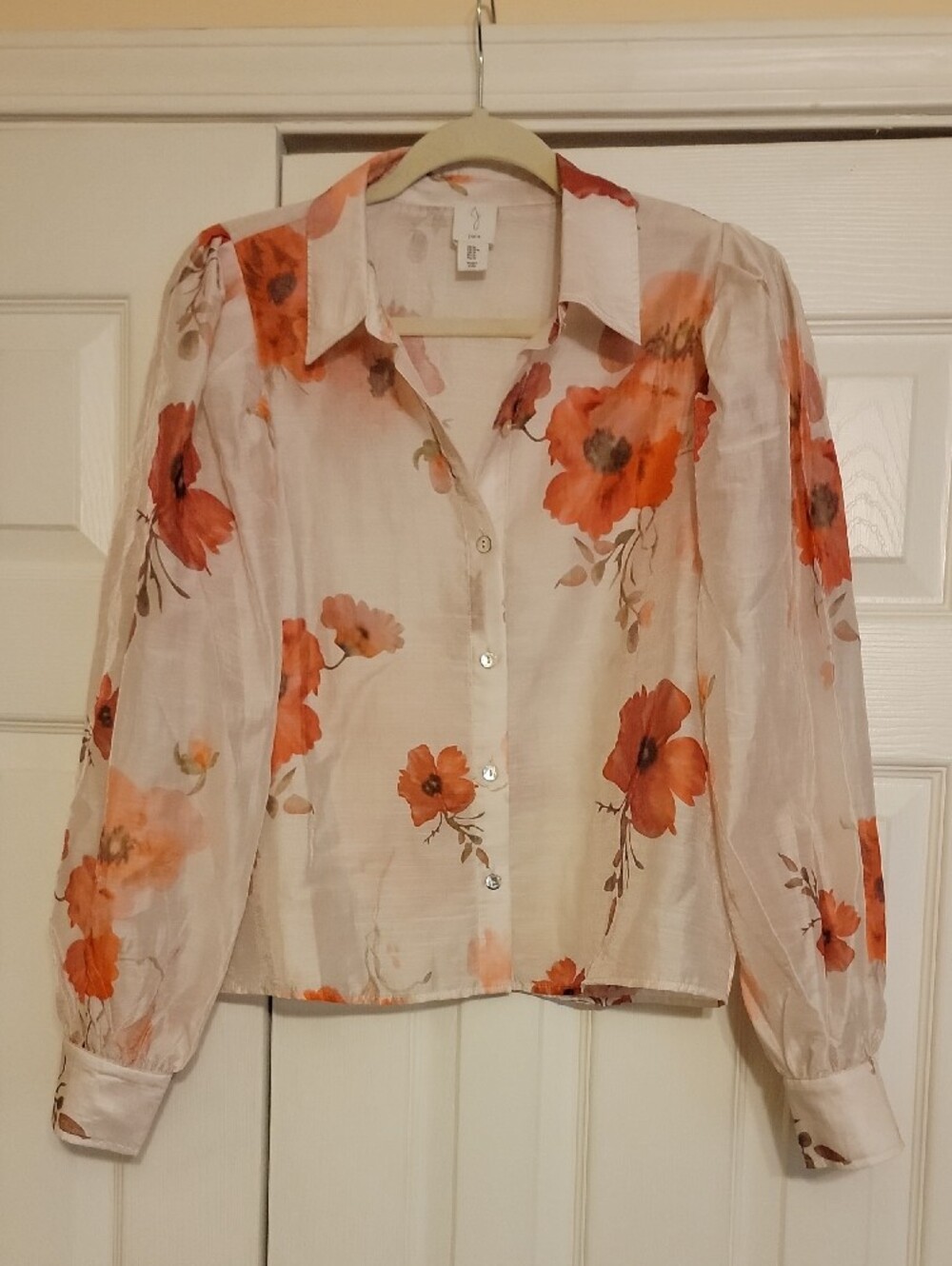 Joie White Blouse with Red/Orange Floral Print